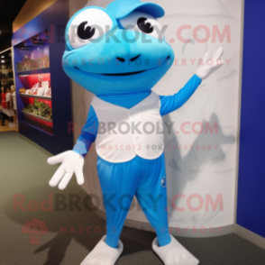 Sky Blue Frog mascot costume character dressed with a Capri Pants and Headbands