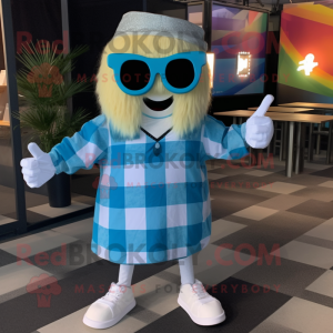 Cyan Queen mascot costume character dressed with a Flannel Shirt and Sunglasses