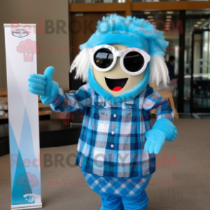 Cyan Queen mascot costume character dressed with a Flannel Shirt and Sunglasses