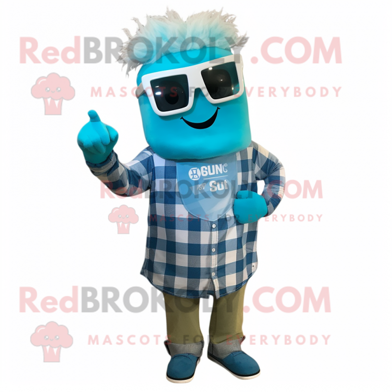 Cyan Queen mascot costume character dressed with a Flannel Shirt and Sunglasses