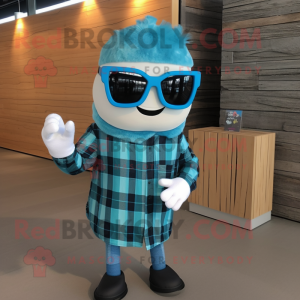 Cyan Queen mascot costume character dressed with a Flannel Shirt and Sunglasses