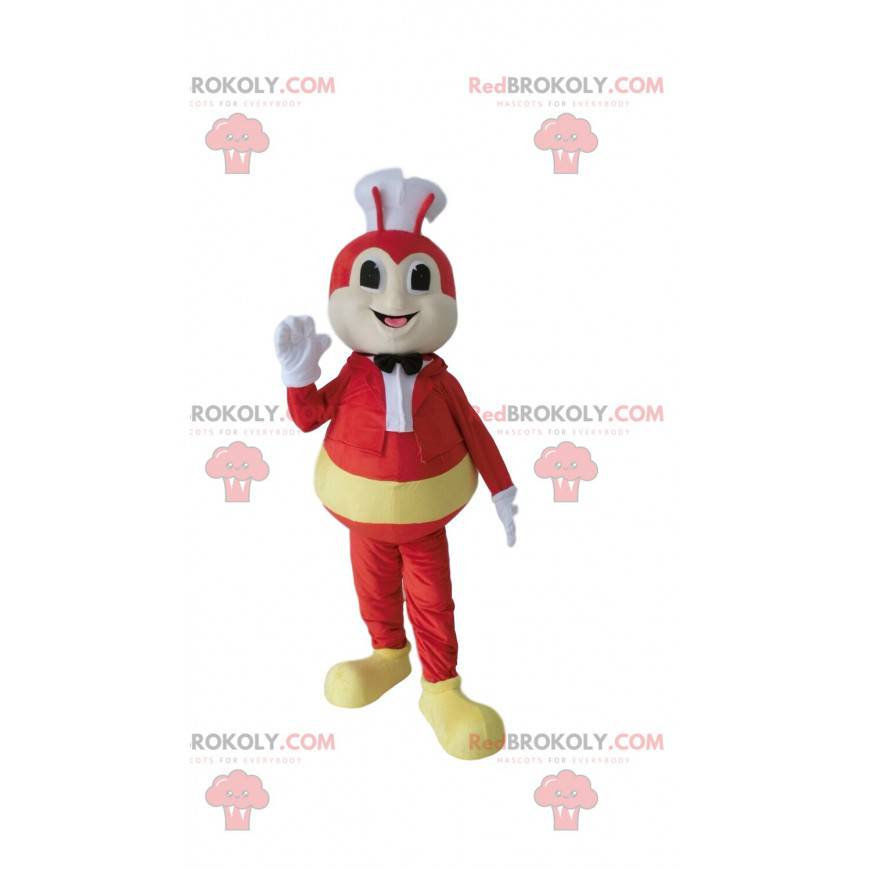 Mascote de abelha vermelha com chapéu de chef e fantasia de
