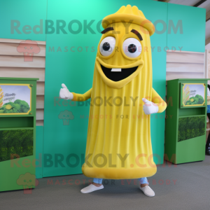 Yellow Pesto Pasta mascot costume character dressed with a Tank Top and Earrings