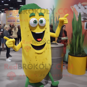 Yellow Pesto Pasta mascot costume character dressed with a Tank Top and Earrings