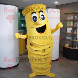 Yellow Pesto Pasta mascot costume character dressed with a Tank Top and Earrings
