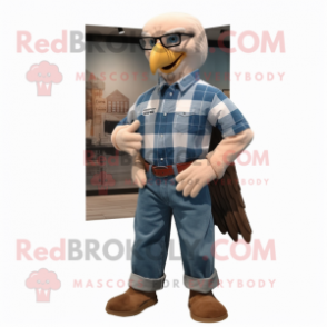 Beige Bald Eagle mascot costume character dressed with a Denim Shirt and Eyeglasses
