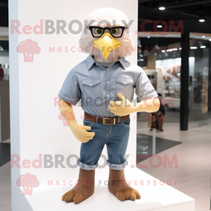 Beige Bald Eagle mascot costume character dressed with a Denim Shirt and Eyeglasses