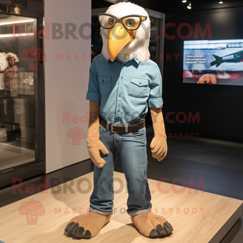 Beige Bald Eagle mascot costume character dressed with a Denim Shirt and Eyeglasses