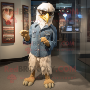Beige Bald Eagle mascot costume character dressed with a Denim Shirt and Eyeglasses