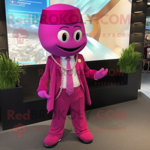 Magenta Plum mascot costume character dressed with a Blazer and Necklaces