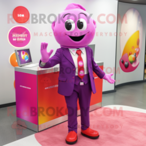 Magenta Plum mascot costume character dressed with a Blazer and Necklaces