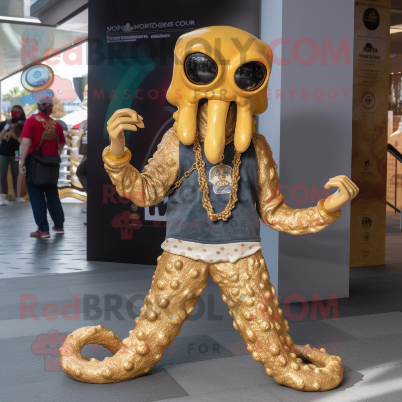 Gold Kraken mascot costume character dressed with a Jeggings and Necklaces Gold Kraken mascot costume character dressed with a Jeggings and Necklaces