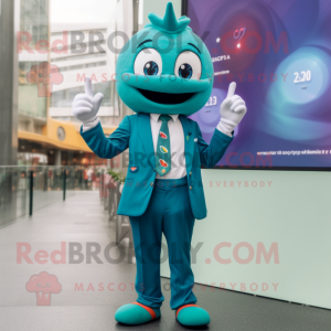 Teal Rainbow mascot costume character dressed with a Suit Jacket and Smartwatches