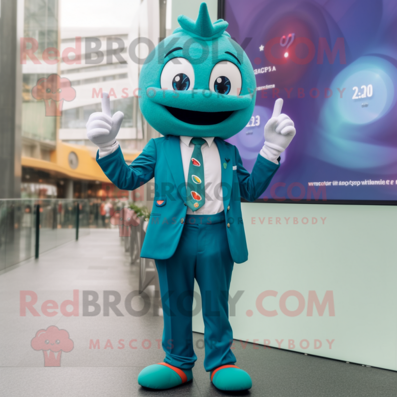 Teal Rainbow mascot costume character dressed with a Suit Jacket and Smartwatches Teal Rainbow mascot costume character dressed with a Suit Jacket and Smartwatches