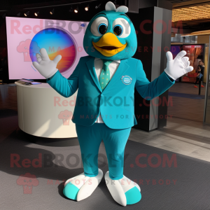 Teal Rainbow mascot costume character dressed with a Suit Jacket and Smartwatches