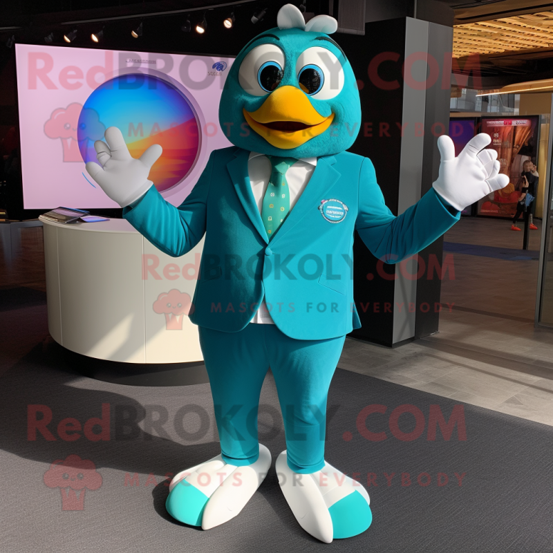 Teal Rainbow mascot costume character dressed with a Suit Jacket and Smartwatches Teal Rainbow mascot costume character dressed with a Suit Jacket and Smartwatches