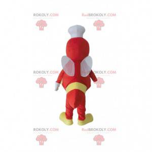 Mascote de abelha vermelha com chapéu de chef e fantasia de
