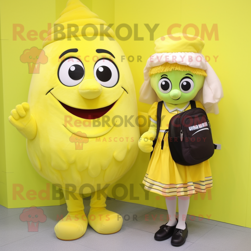 Lemon Yellow Guinness mascot costume character dressed with a Skirt and Backpacks Lemon Yellow Guinness mascot costume character dressed with a Skirt and Backpacks