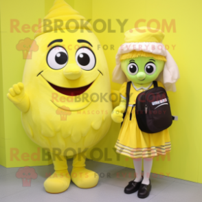 Lemon Yellow Guinness mascot costume character dressed with a Skirt and Backpacks