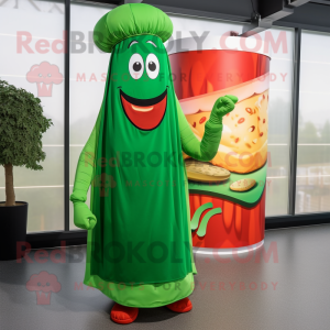 Forest Green Currywurst mascot costume character dressed with a A-Line Dress and Scarves