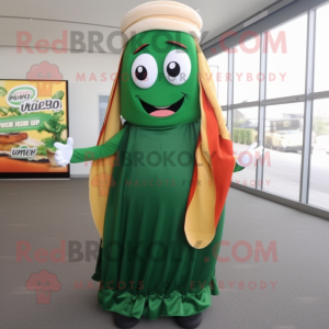 Forest Green Currywurst mascot costume character dressed with a A-Line Dress and Scarves