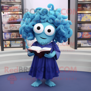 Blue Medusa mascot costume character dressed with a Skirt and Reading glasses