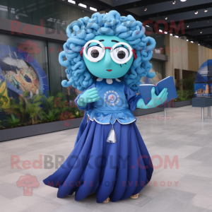 Blue Medusa mascot costume character dressed with a Skirt and Reading glasses