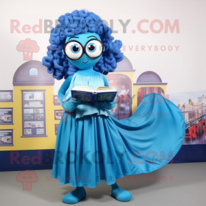 Blue Medusa mascot costume character dressed with a Skirt and Reading glasses