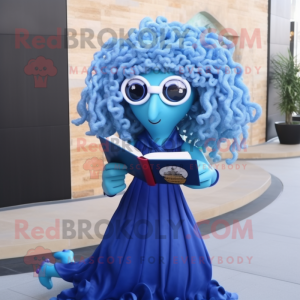 Blue Medusa mascot costume character dressed with a Skirt and Reading glasses