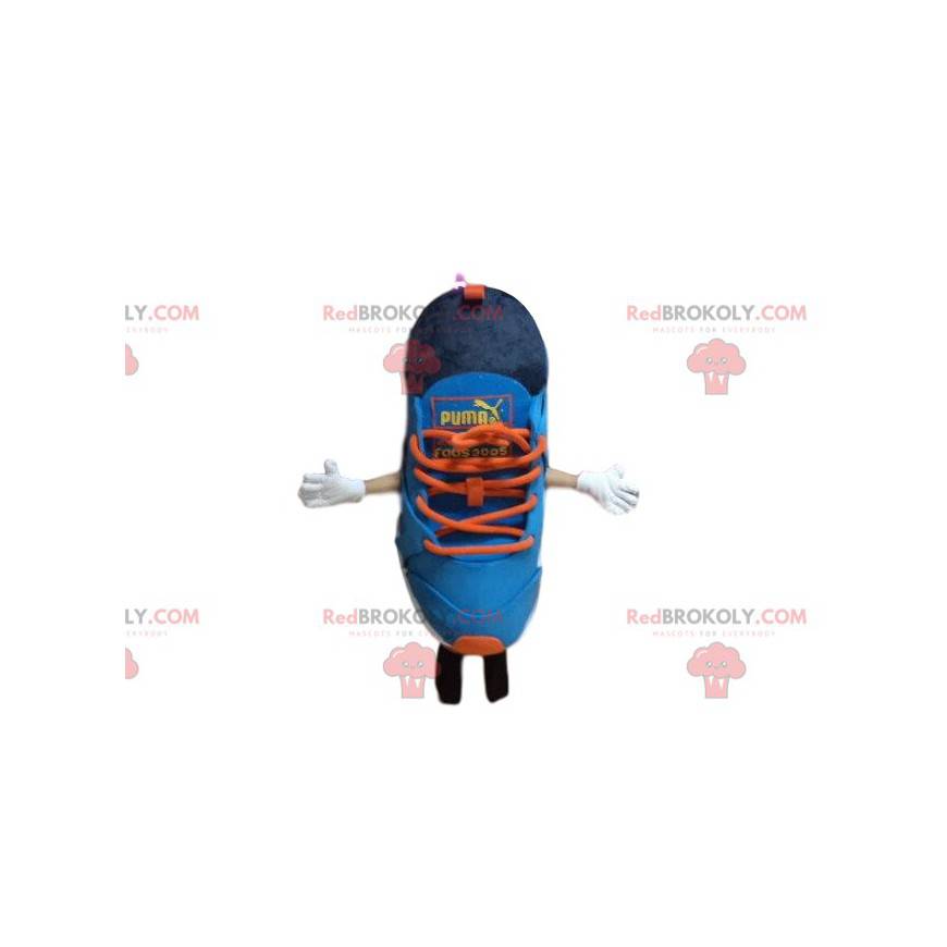 Mascota de baloncesto Puma, azul y naranja, traje de zapato -