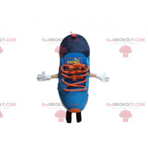 Mascota de baloncesto Puma, azul y naranja, traje de zapato -