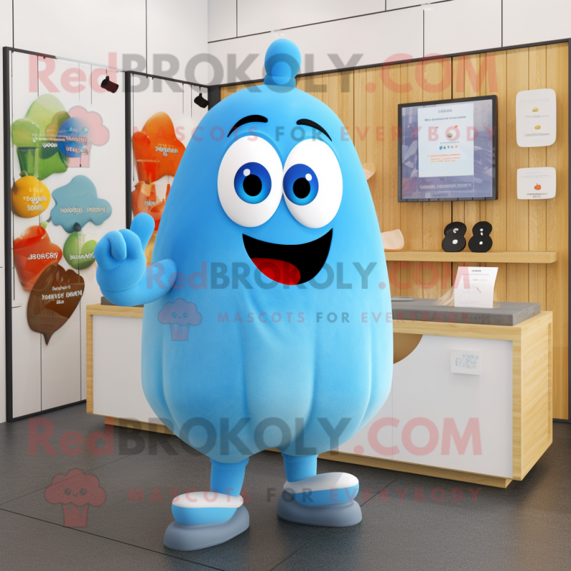 Sky Blue Squash mascot costume character dressed with a Cardigan and Earrings