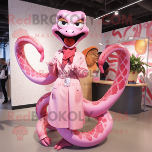 Pink Snake mascot costume character dressed with a Coat and Hair clips