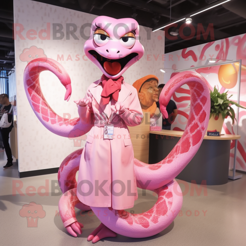 Pink Snake mascot costume character dressed with a Coat and Hair clips Pink Snake mascot costume character dressed with a Coat and Hair clips