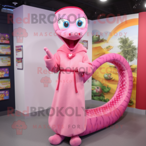 Pink Snake mascot costume character dressed with a Coat and Hair clips