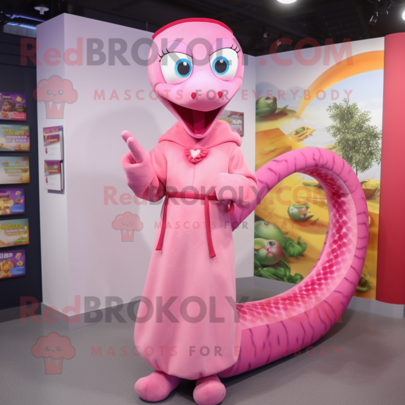 Pink Snake mascot costume character dressed with a Coat and Hair clips