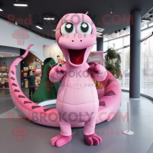 Pink Snake mascot costume character dressed with a Coat and Hair clips
