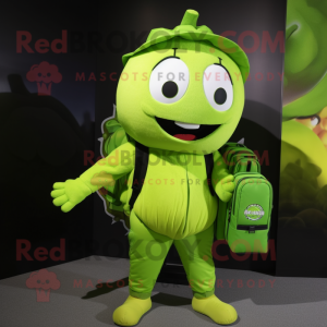 Lime Green Radish mascot costume character dressed with a Rash Guard and Backpacks