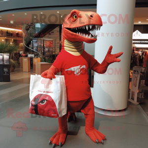 Red Allosaurus mascot costume character dressed with a V-Neck Tee and Tote bags