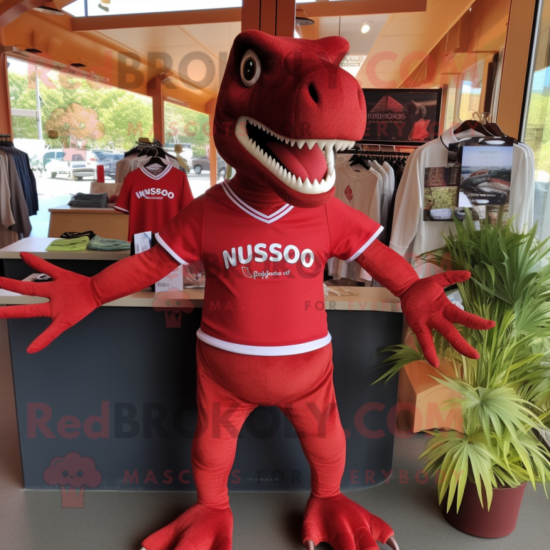 Red Allosaurus mascot costume character dressed with a V-Neck Tee and Tote bags Red Allosaurus mascot costume character dressed with a V-Neck Tee and Tote bags
