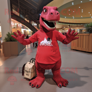 Red Allosaurus mascot costume character dressed with a V-Neck Tee and Tote bags
