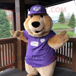 Lavender Capybara mascot costume character dressed with a Baseball Tee and Beanies