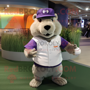 Lavender Capybara mascot costume character dressed with a Baseball Tee and Beanies