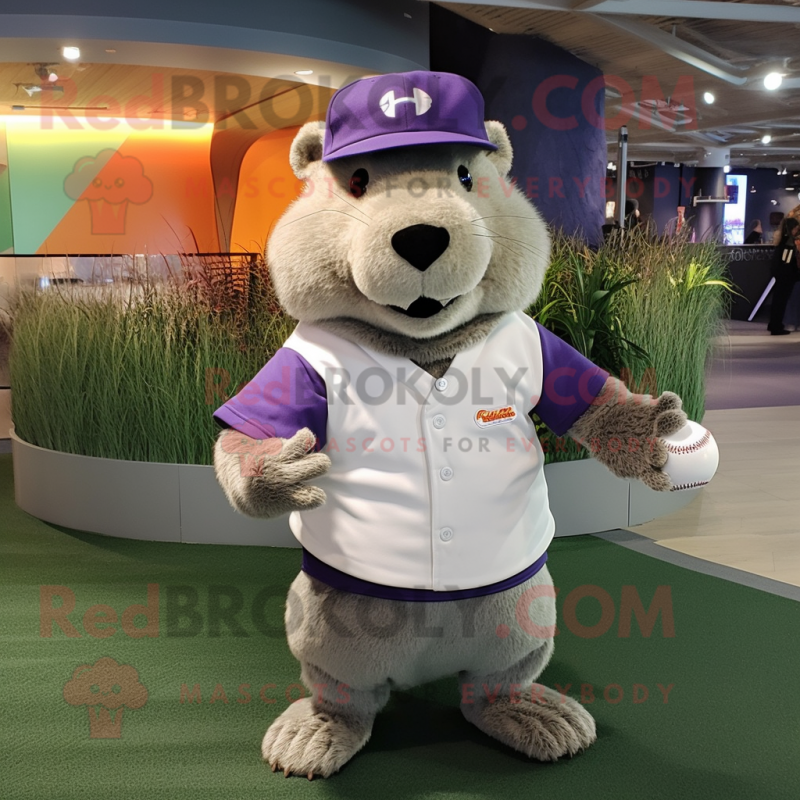 Lavender Capybara mascot costume character dressed with a Baseball Tee and Beanies Lavender Capybara mascot costume character dressed with a Baseball Tee and Beanies