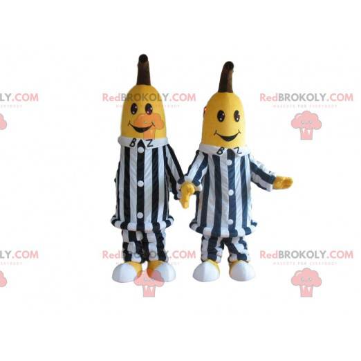 2 banana mascots in black and white striped clothes -