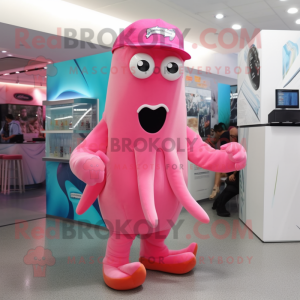 Pink Squid mascot costume character dressed with a Bermuda Shorts and Caps
