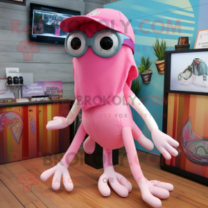 Pink Squid mascot costume character dressed with a Bermuda Shorts and Caps