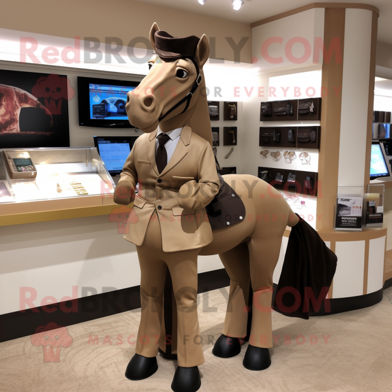 Tan Horse mascot costume character dressed with a Tuxedo and Wallets