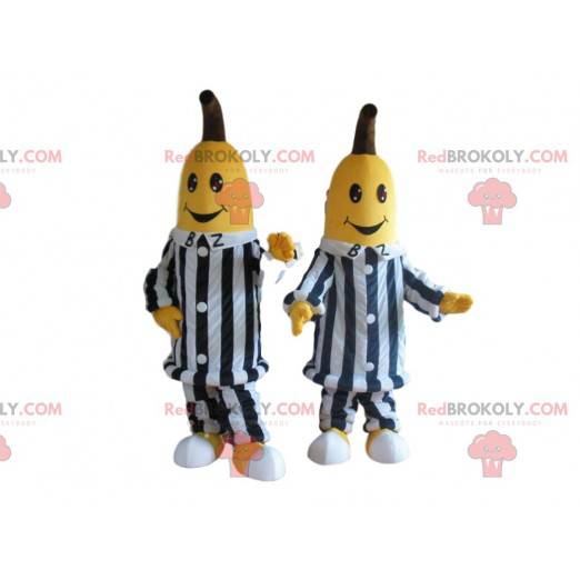 2 bananenmascottes in zwart-wit gestreepte kleding -