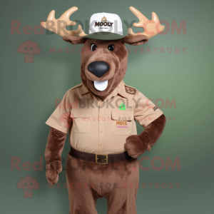 Brown Moose mascot costume character dressed with a Polo Shirt and Hat pins